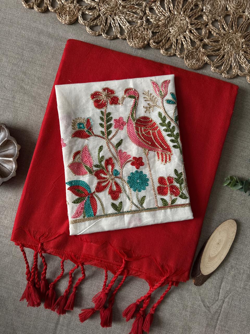 Royal Red Handloom Cotton Saree with Exquisite Embroidery Blouse