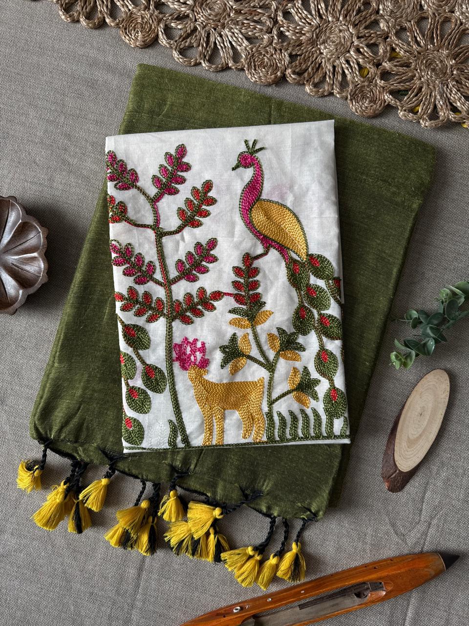 Trendy Light Mehndi Handloom Cotton Saree with Unique Embroidery Blouse
