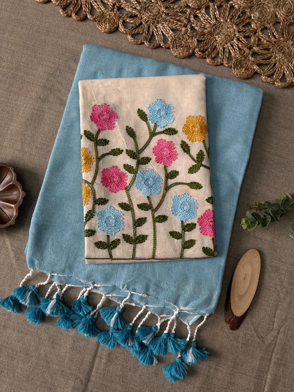 Sophisticated Sky Handloom Cotton Saree with Detailed Embroidery Blouse