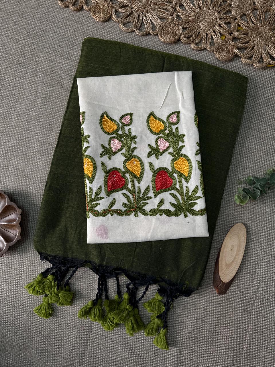 Vibrant Mehndi Handloom Cotton Saree with Artistic Embroidery Blouse