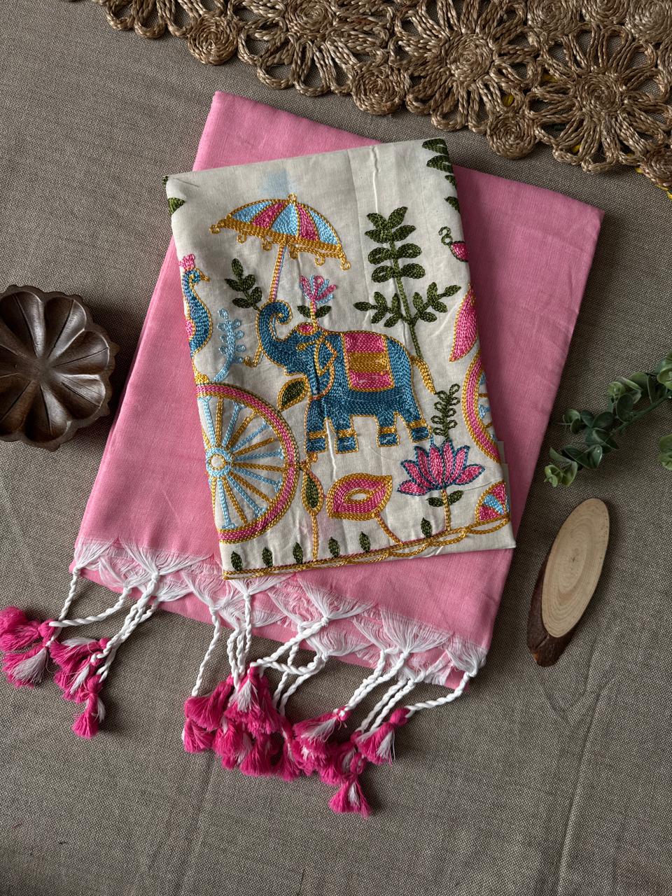 Elegant Baby Pink Handloom Cotton Saree with Fine Embroidery Blouse
