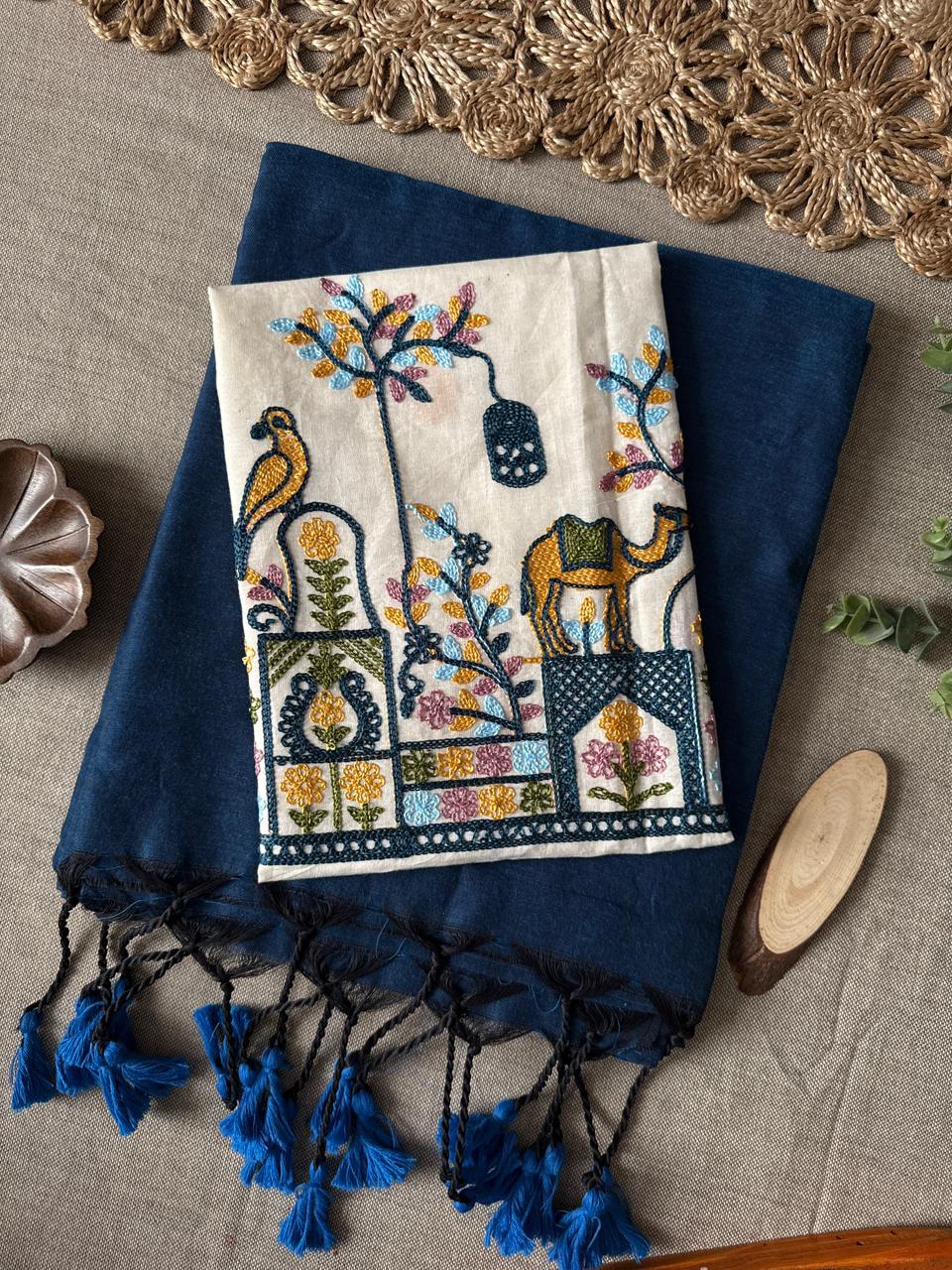 Designer Firozi Handloom Cotton Saree with Intricate Embroidery Blouse