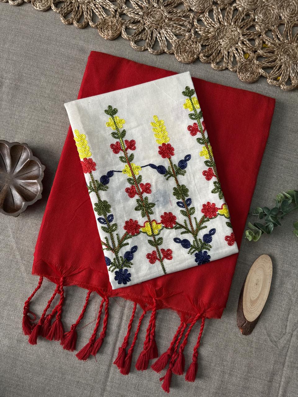 Authentic Red Handloom Cotton Saree with Stylish Embroidery Blouse