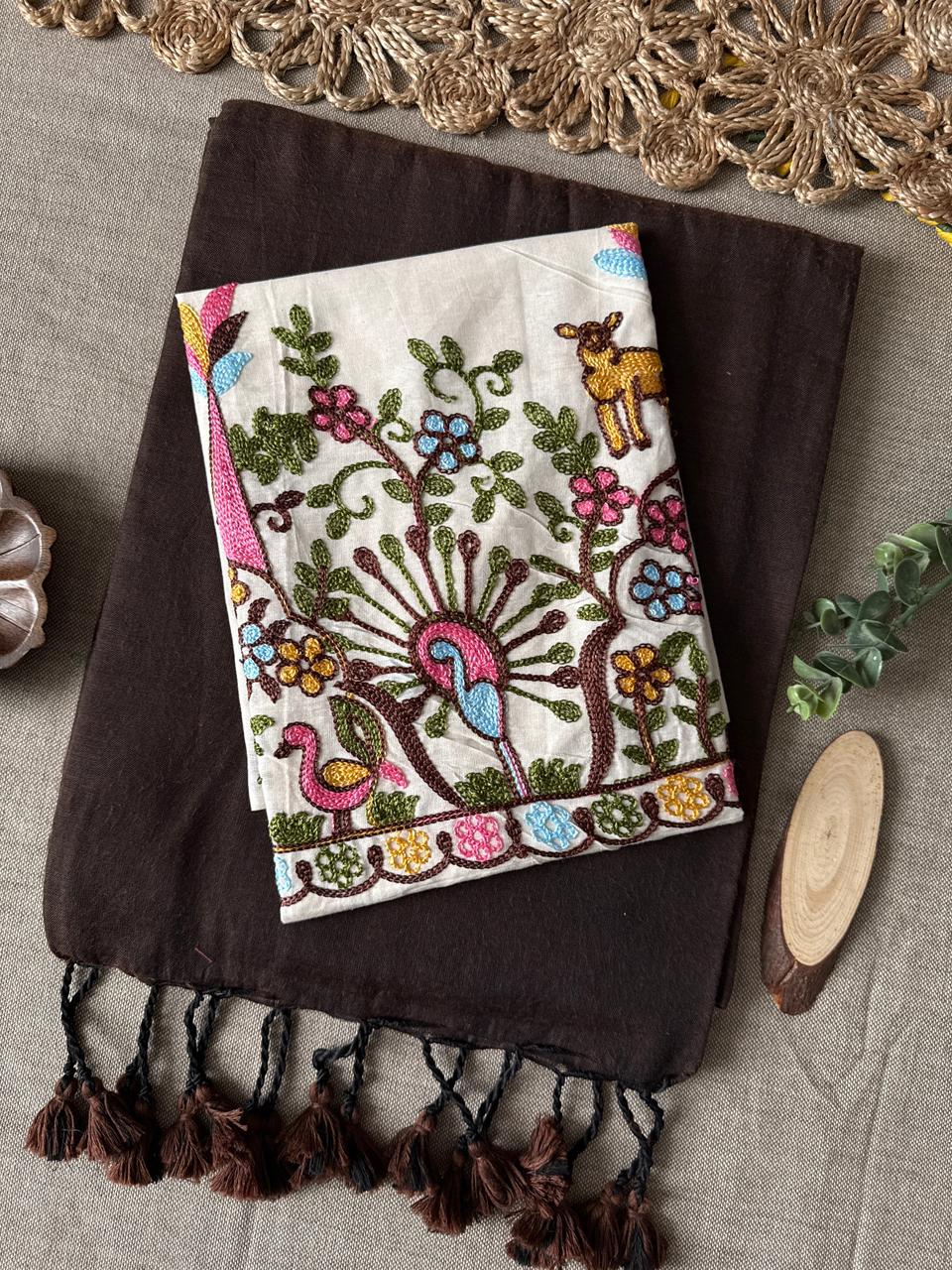 Classic Brown Handloom Cotton Saree with Beautiful Embroidery Blouse