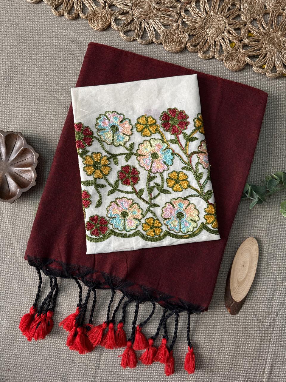 Royal Marun Handloom Cotton Saree with Exquisite Embroidery Blouse