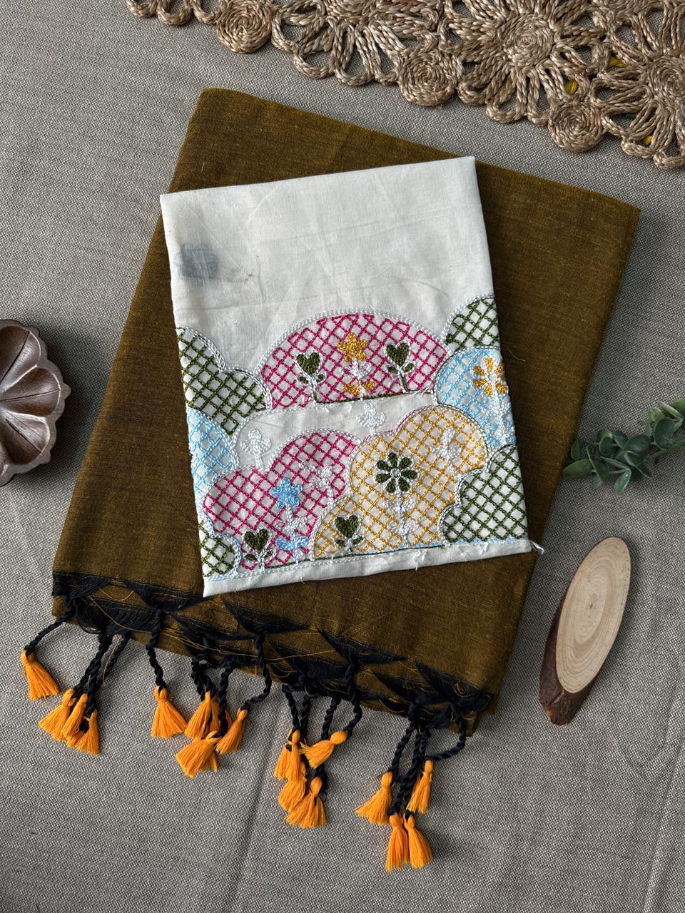 Simple Golden Handloom Cotton Saree with Attractive Embroidery Blouse