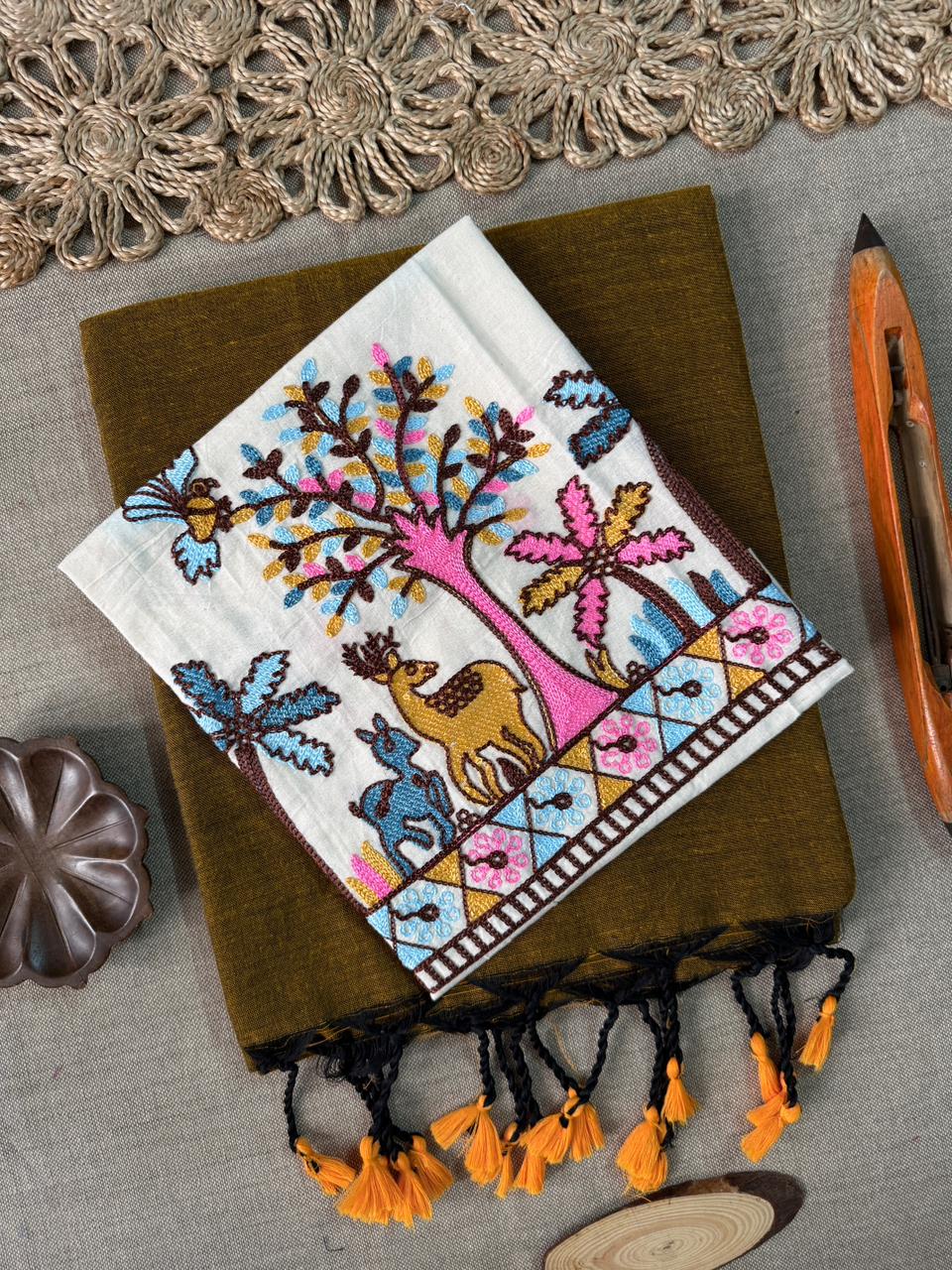 Trendy Golden Handloom Cotton Saree with Unique Embroidery Blouse
