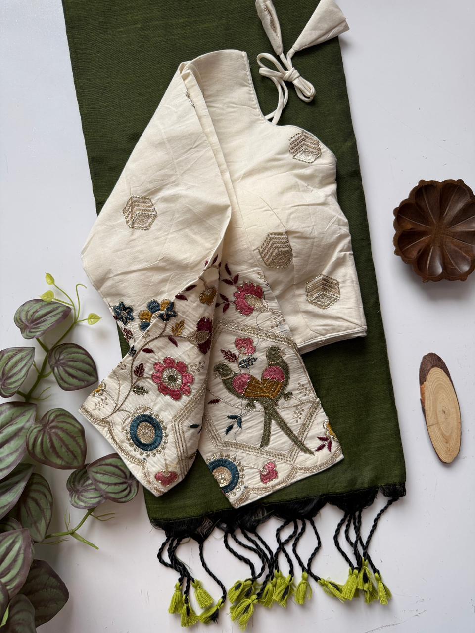 Premium Mehndi Handloom Cotton Saree With Ready Stitched Blouse