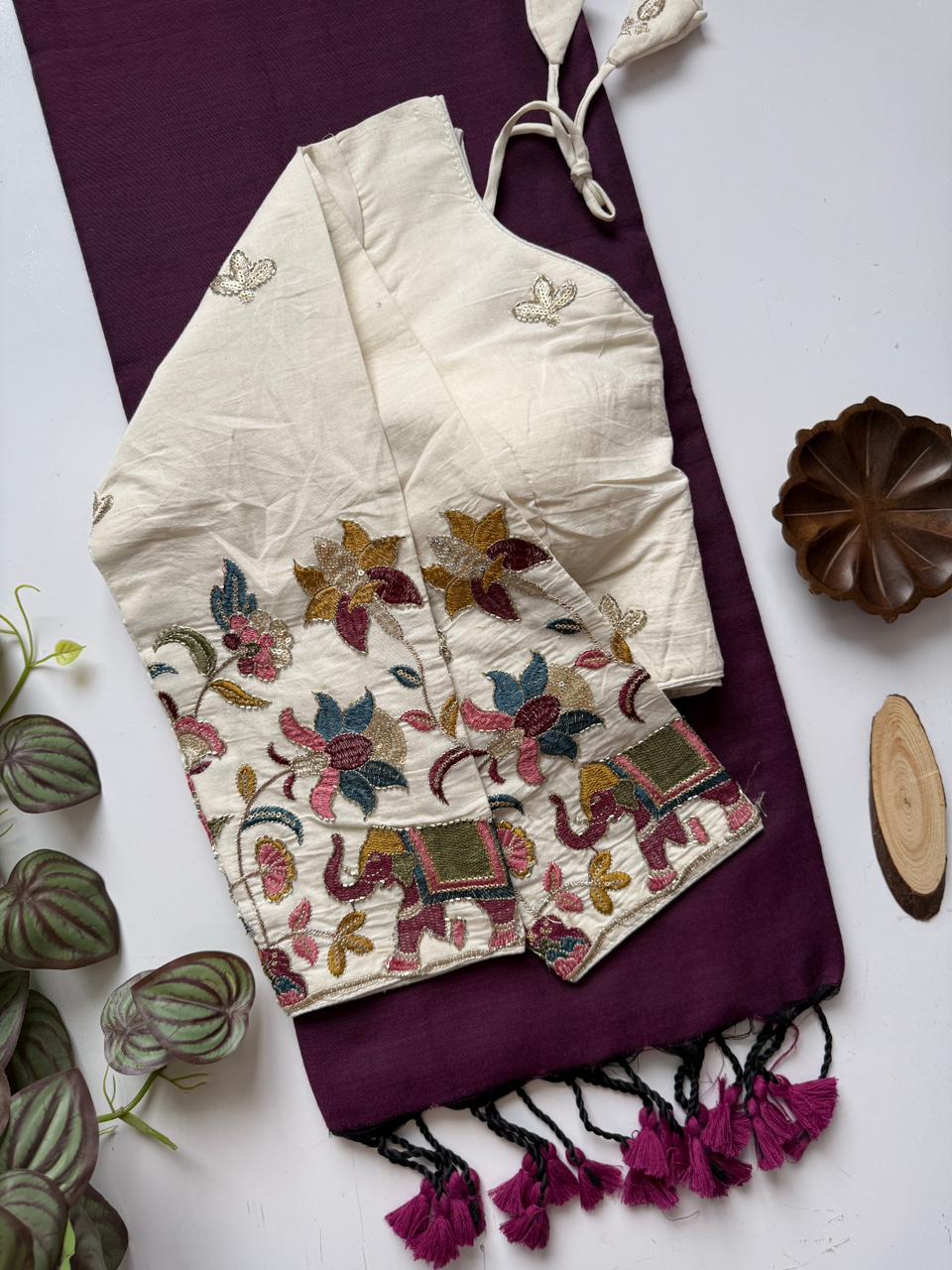 Graceful Wine Handloom Cotton Saree With Modern Stitched Blouse
