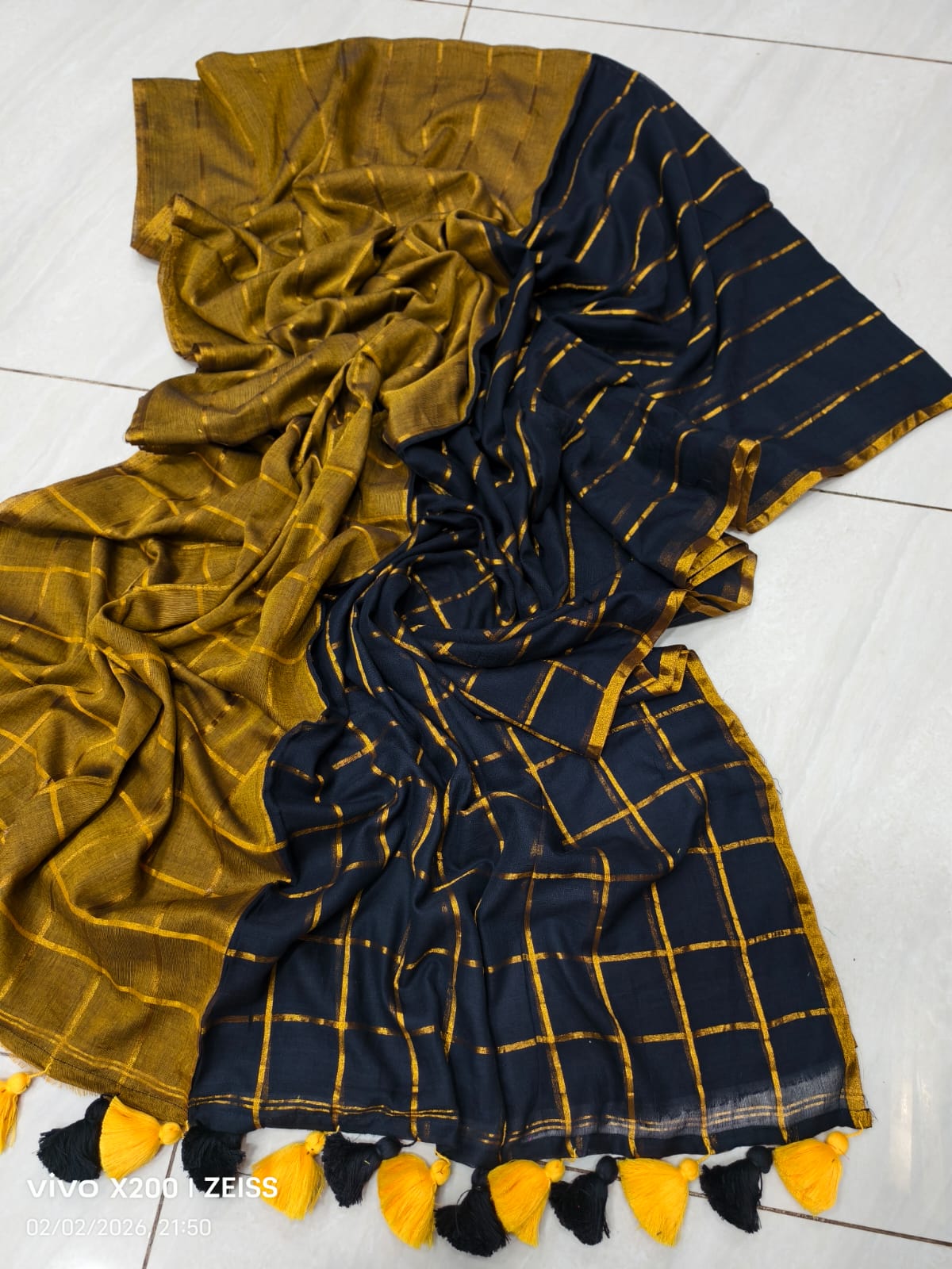 Designer Golden Black Mul Mul Cotton Saree for Women
