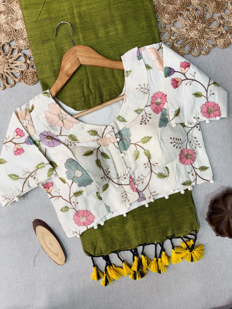 Festive Wear Light Mehndi Handloom Cotton Saree With Ready Made Blouse