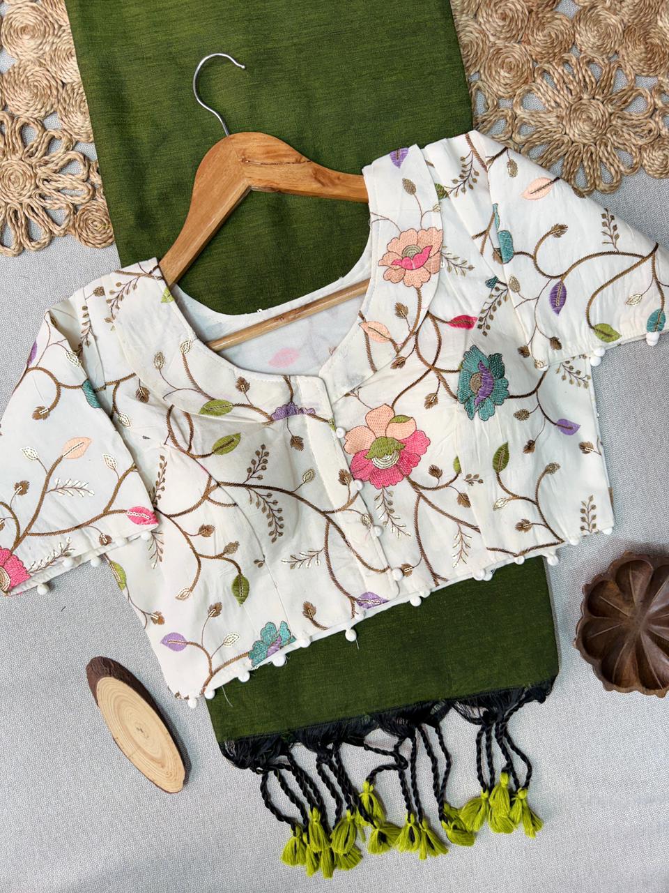 Trendy Mehndi Handloom Cotton Saree With Stylish Ready Blouse