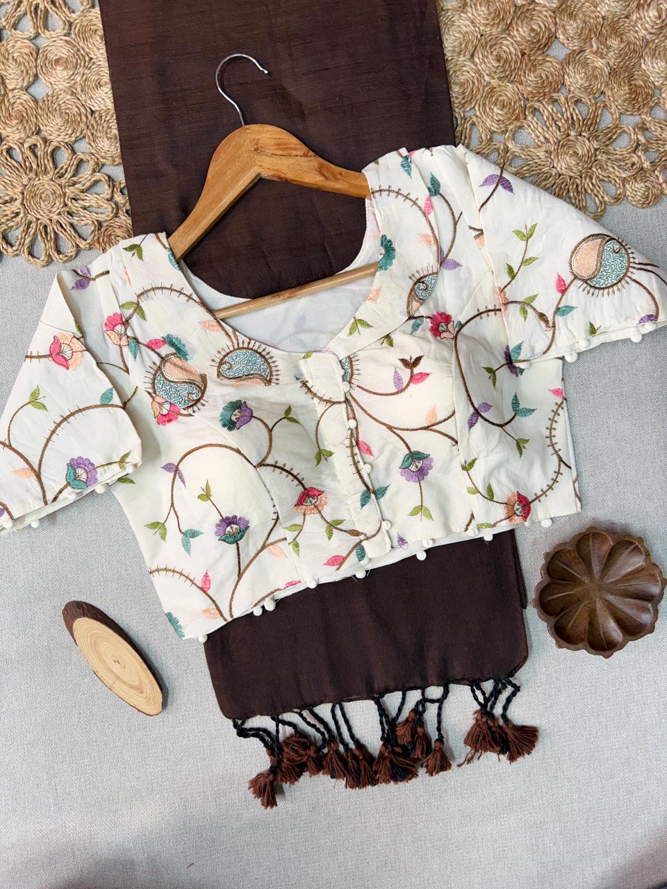 Premium Brown Handloom Cotton Saree With Elegant Ready Blouse