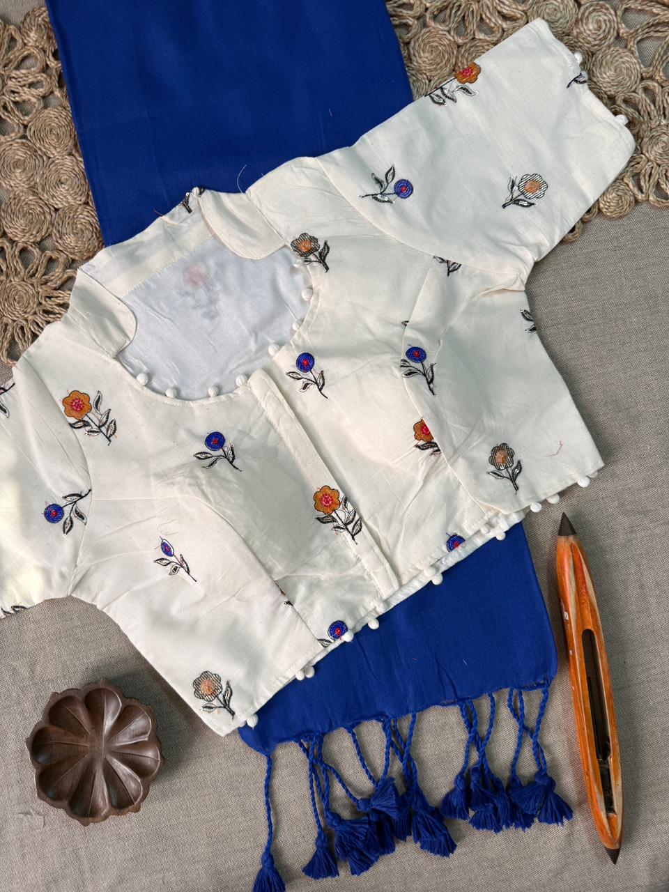 Royal Blue Handloom Cotton Saree With Ready Made Fancy Blouse