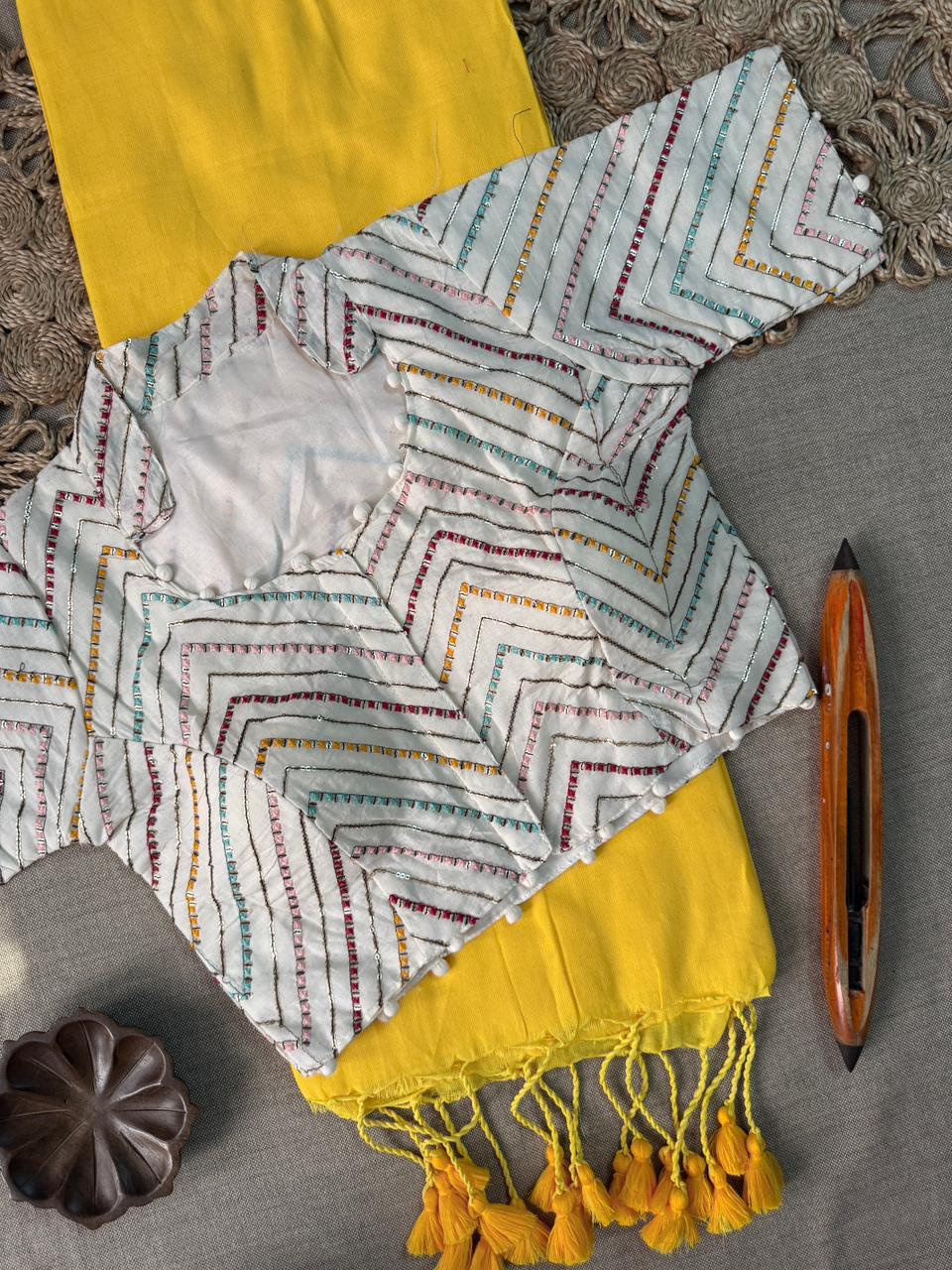 Designer Yellow Handloom Cotton Saree With Ready Stitch Blouse