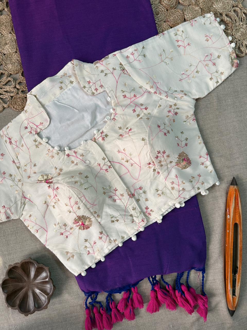 Ethnic Style Purple Dual Tone Handloom Cotton Saree With Ready Blouse
