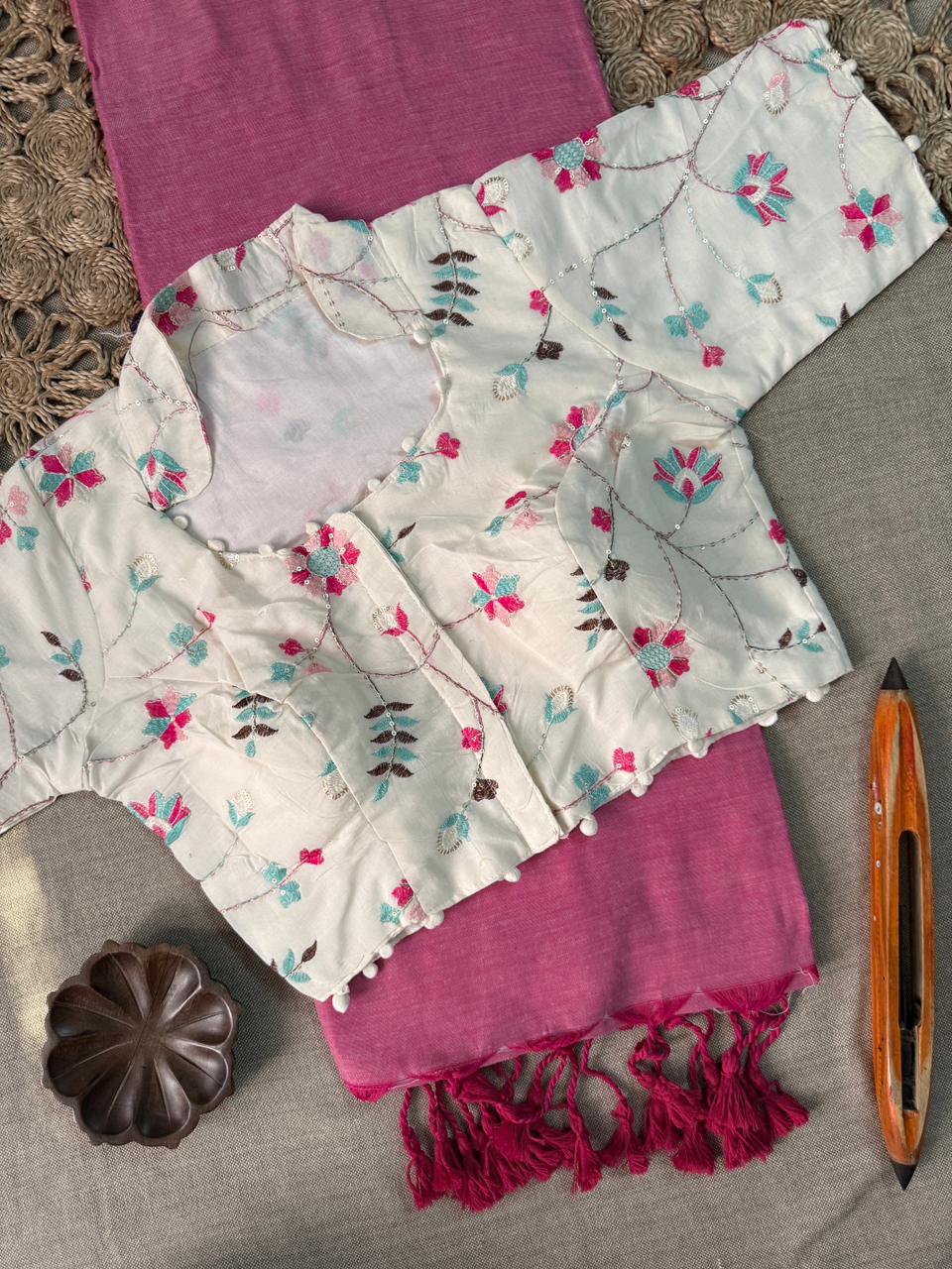 Indian Light Pink Handloom Cotton Saree With Ready Made Blouse