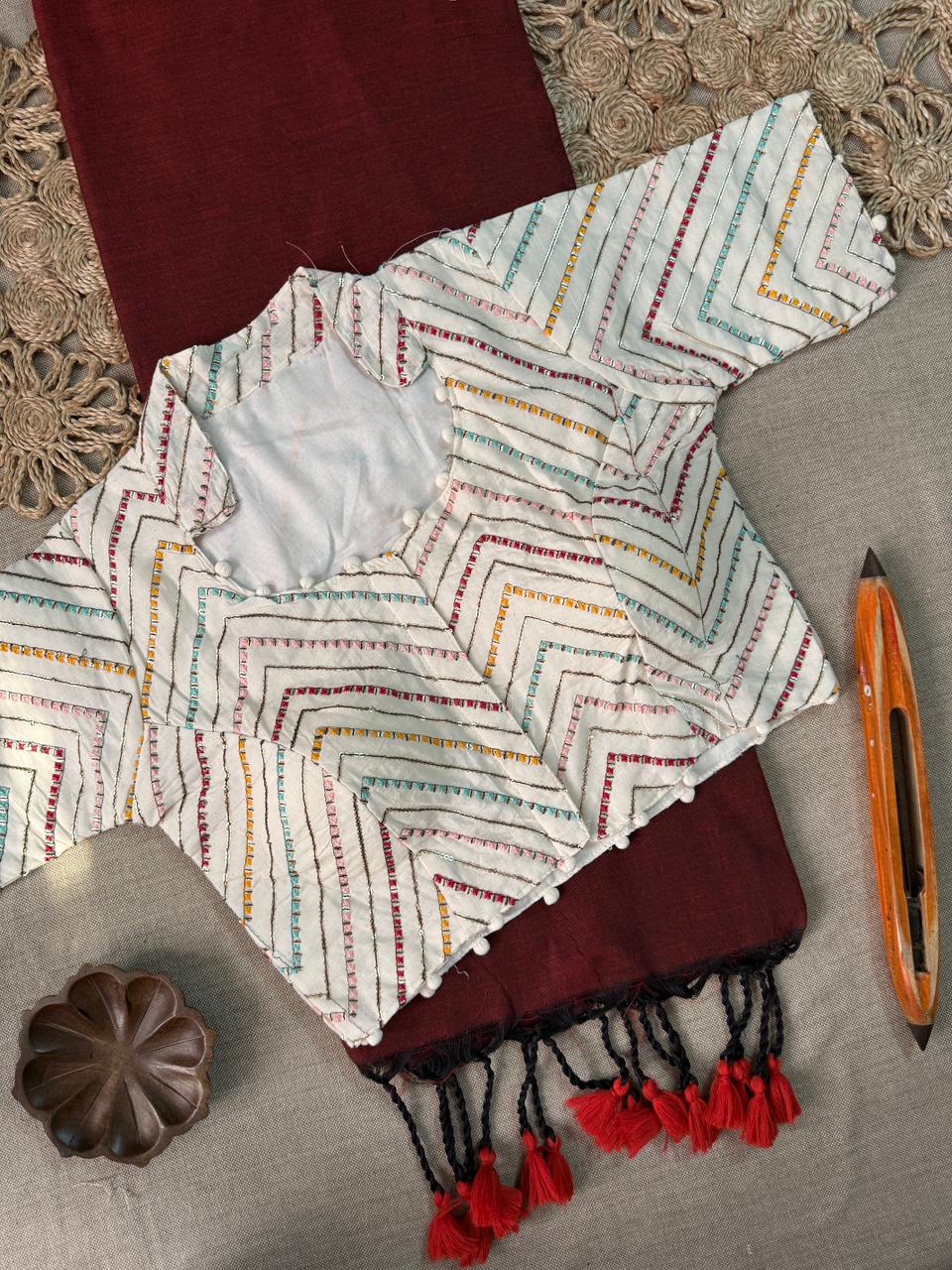 Casual Wear Marun Handloom Cotton Saree With Ready Blouse