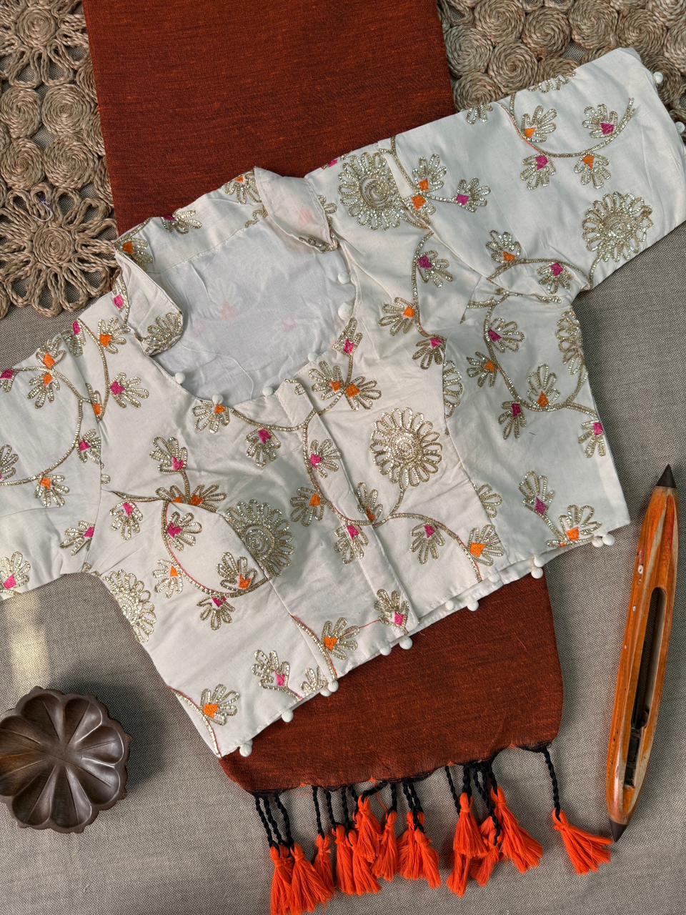 Wedding Special Orange Handloom Cotton Saree With Ready Blouse