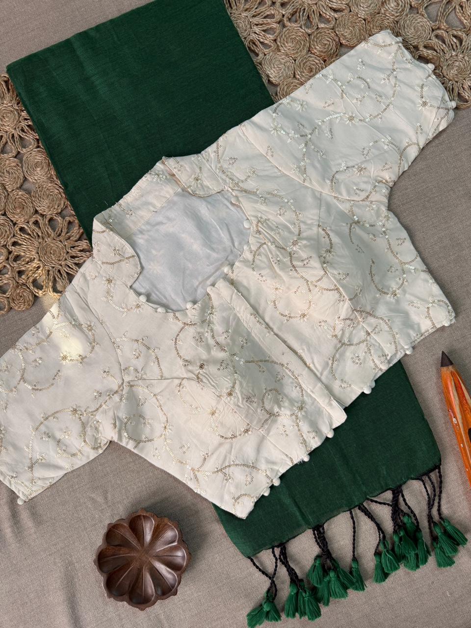 Elegant Green Cotton Handloom Saree With Ready Blouse