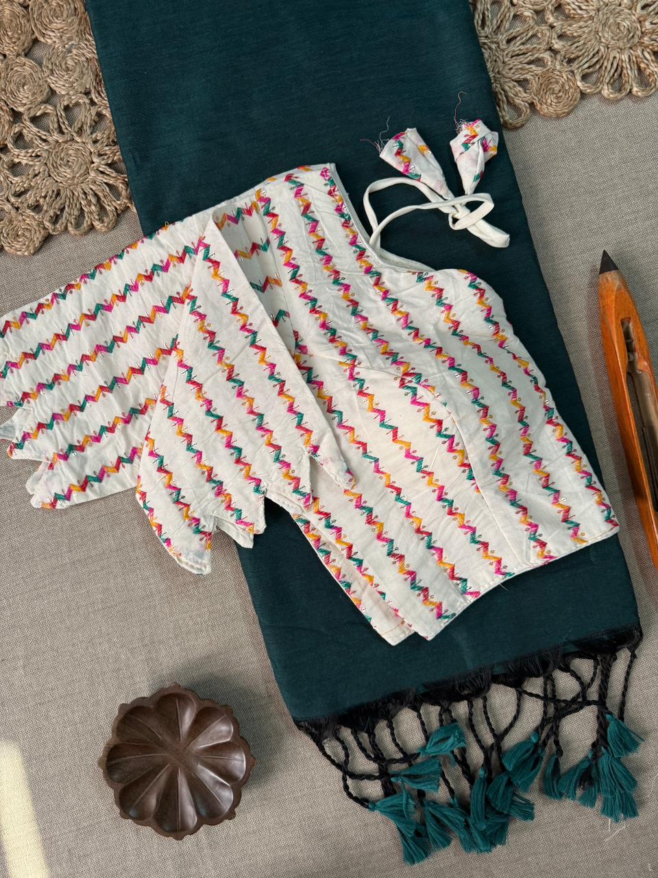 Soft Pure Rama Handloom Cotton Saree With Ready Blouse
