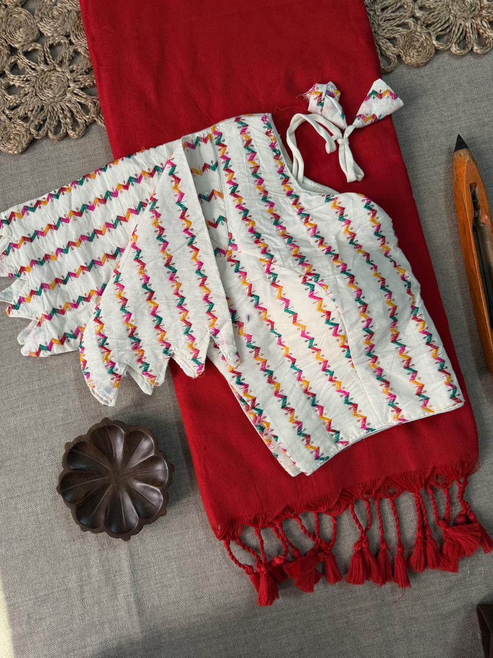 Premium Soft Red Handloom Cotton Saree With Ready Blouse