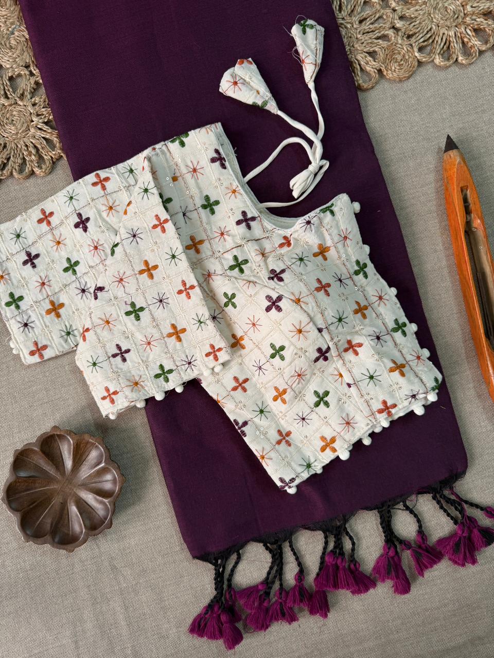 Trendy Wine Cotton Handloom Saree With Ready Made Blouse