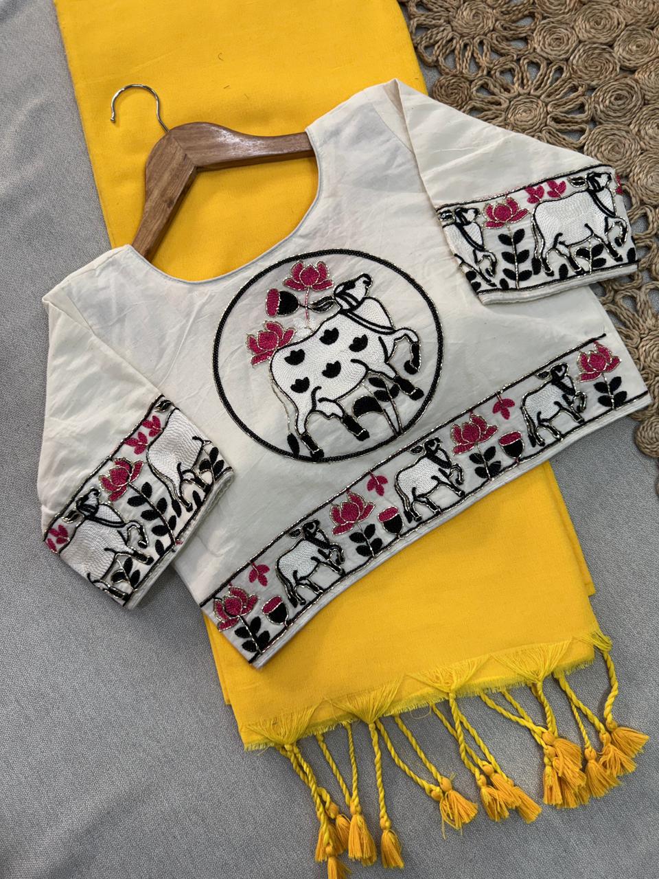 Beautiful Yellow Handloom Cotton Saree With Matching Ready Blouse