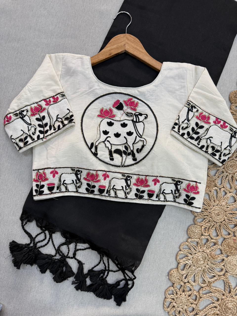 Classic Traditional Black Handloom Cotton Saree With Ready Made Blouse