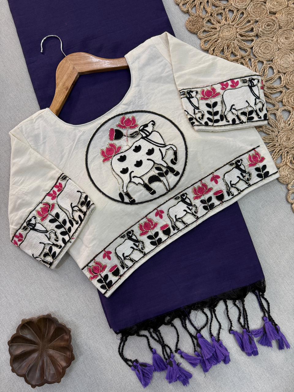 Designer Purple Handloom Cotton Saree With Stylish Ready To Wear Blouse