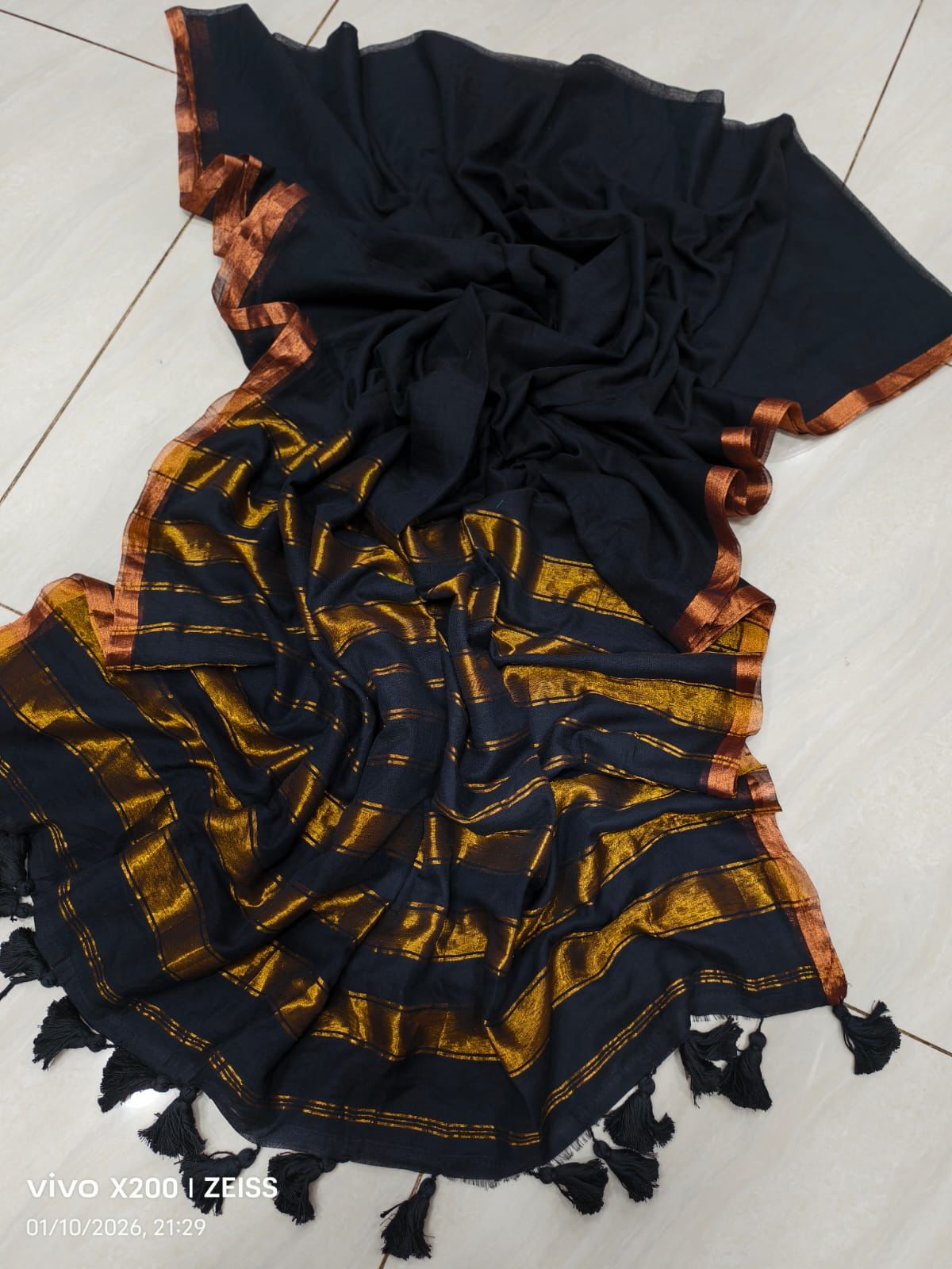 Elegant Black Mul Mul Cotton Saree with Lightweight Comfortable Fabric