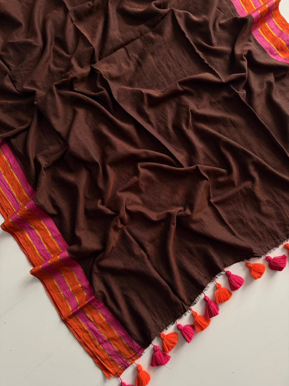 Elegant Brown Mul Mul Cotton Saree for Daily Wear Ethnic Style