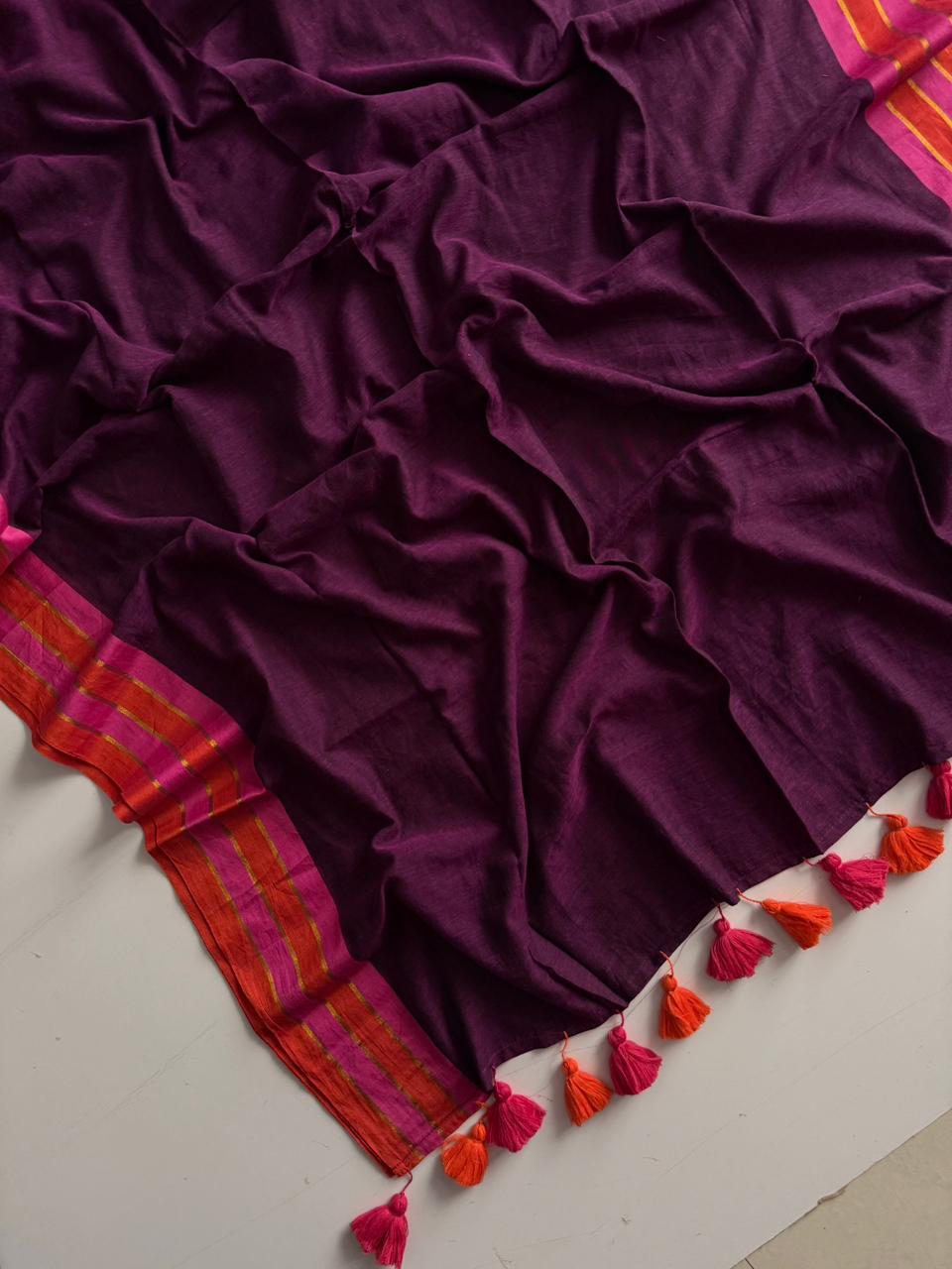 Premium Purple Mul Mul Cotton Saree Lightweight Soft Texture Design
