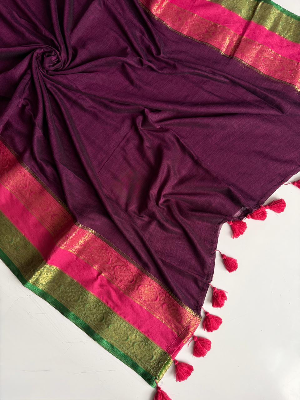 Premium Quality Wine Mul Mul Cotton Saree for Summer Collection
