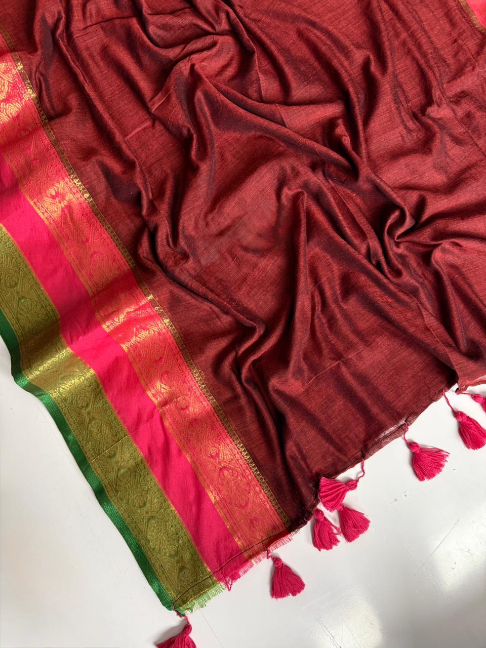 Lightweight Marun Mul Mul Cotton Saree with Comfortable Soft Fabric