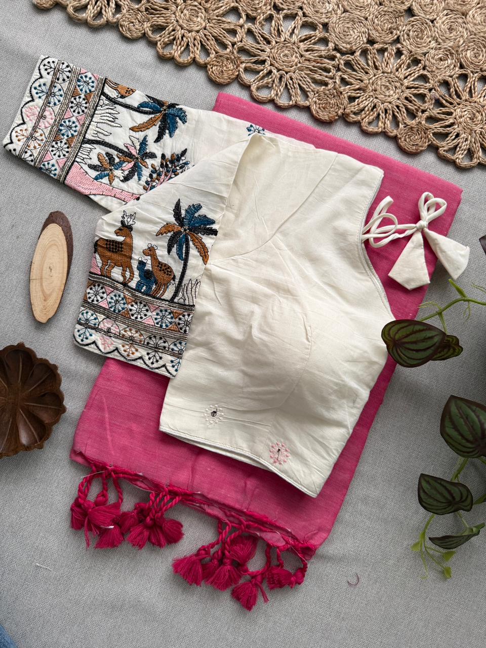 Premium Light Pink Handloom Cotton Saree With Stylish Stitched Blouse