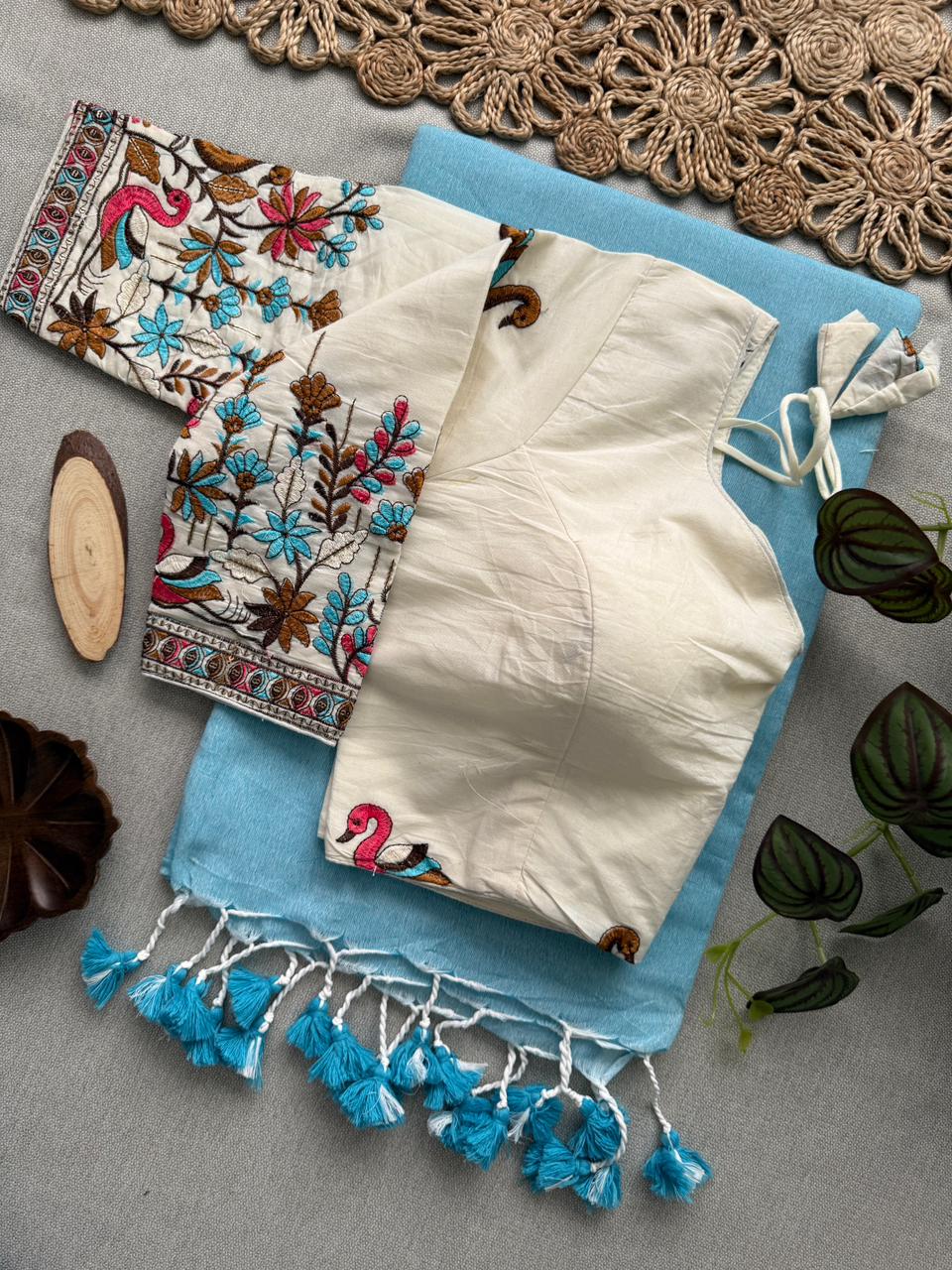 Traditional Sky Handloom Cotton Saree With Designer Stitched Blouse