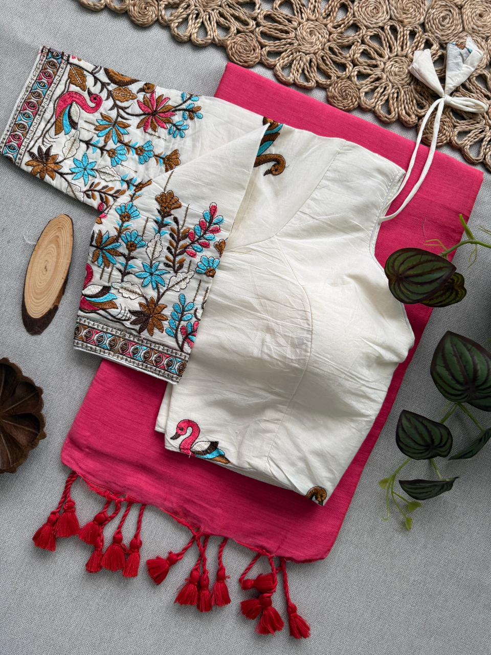 Lightweight Gajri Handloom Cotton Saree With Comfortable Stitched Blouse