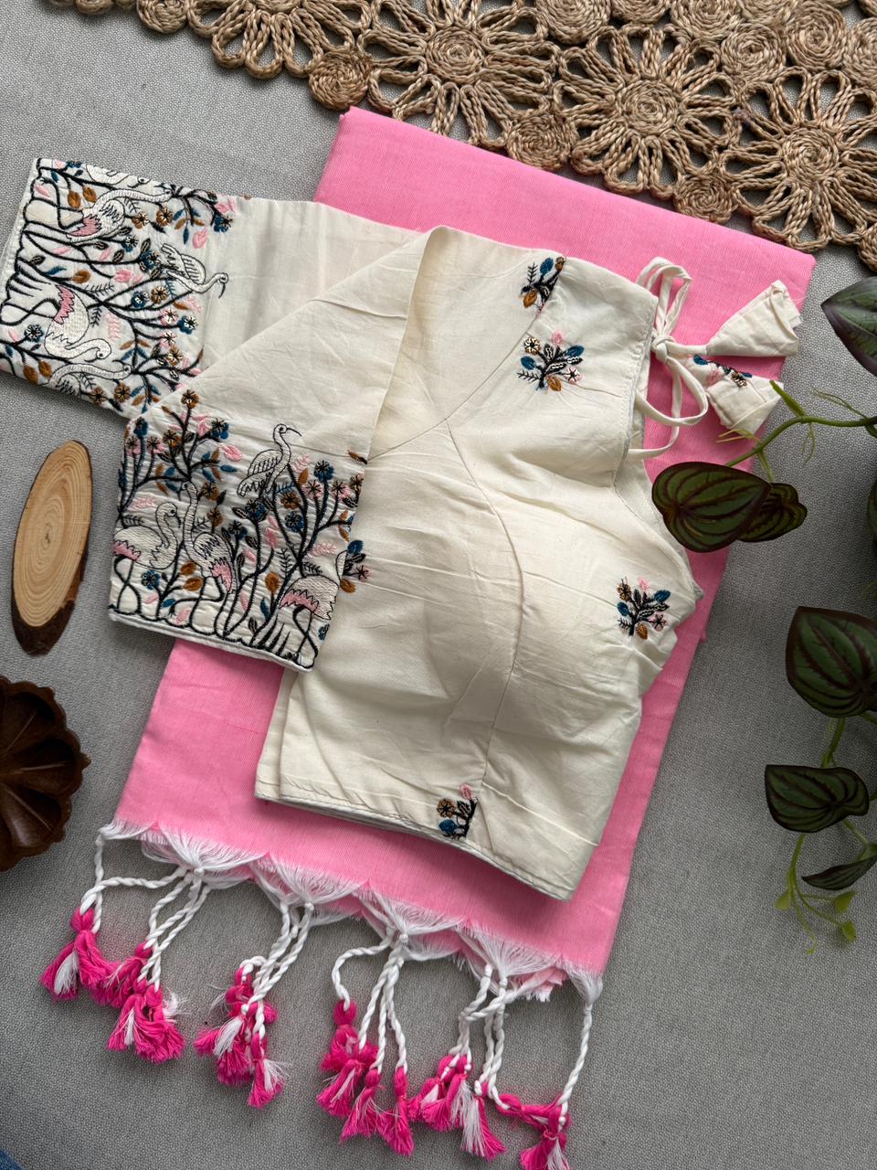 Graceful Baby Pink Handloom Cotton Saree With Matching Stitched Blouse
