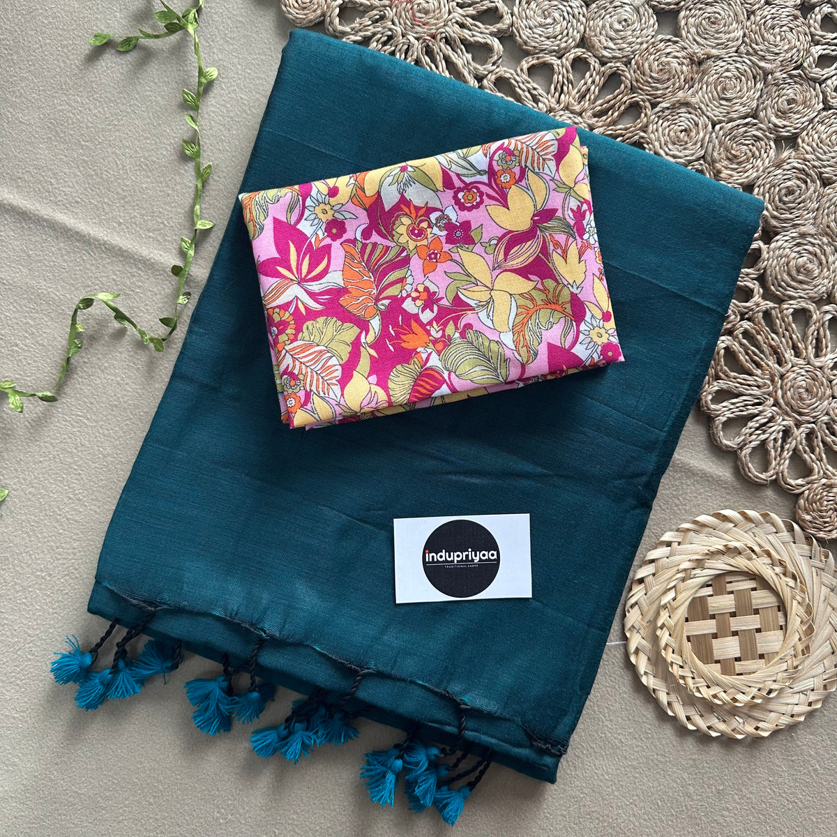 Rama Handloom Cotton Saree With Flower Print Blouse