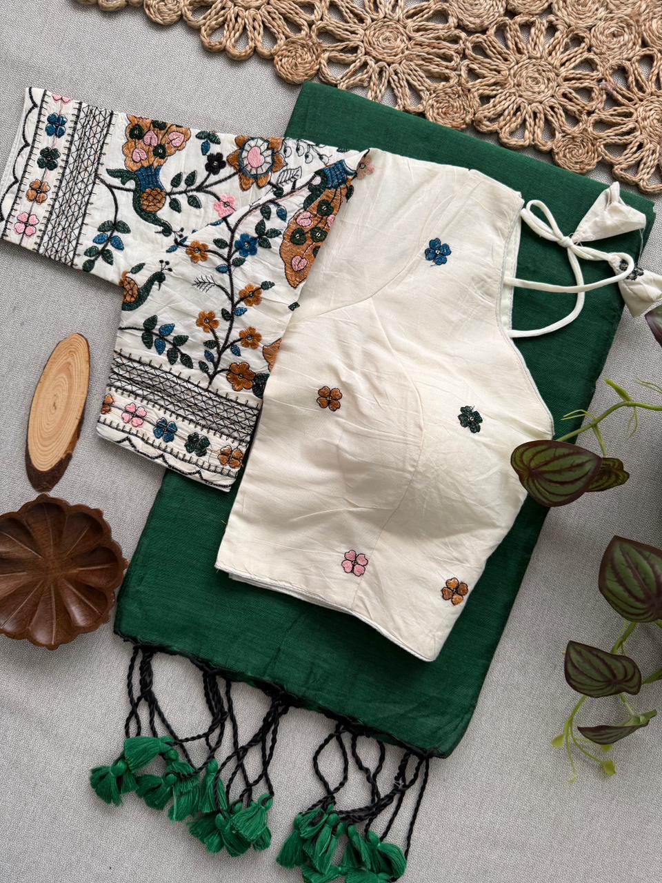 Festive Green Handloom Cotton Saree With Stylish Stitched Blouse
