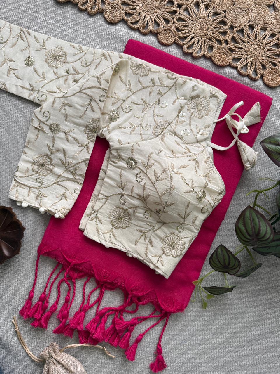 Affordable Pink Handloom Cotton Saree With Ready Stitched Blouse