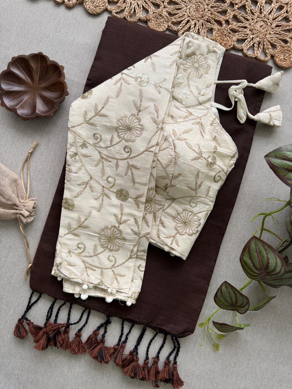 Stylish Brown Handloom Cotton Saree With Elegant Stitched Blouse