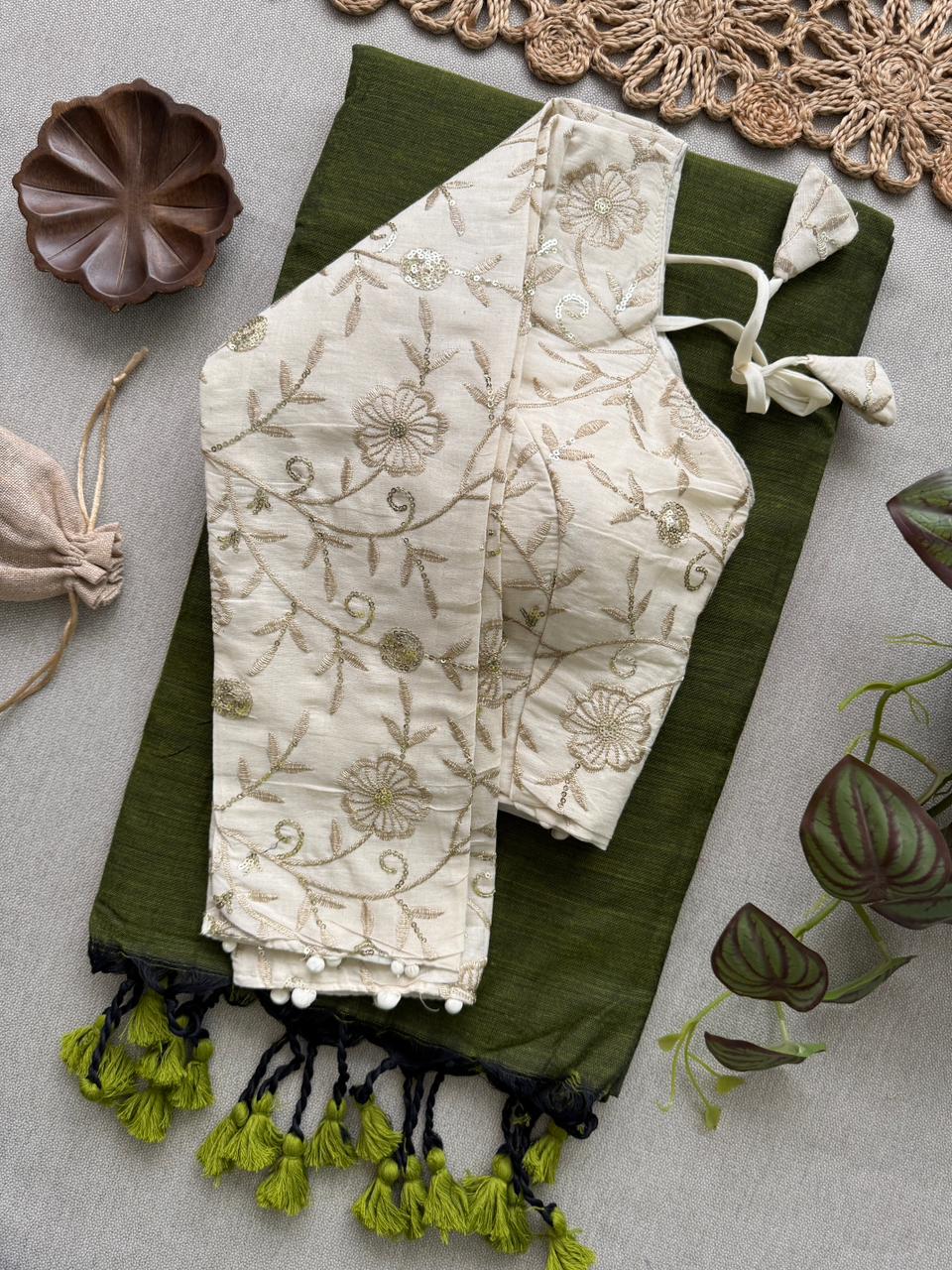 Premium Quality Mehndi Handloom Cotton Saree With Stitched Blouse