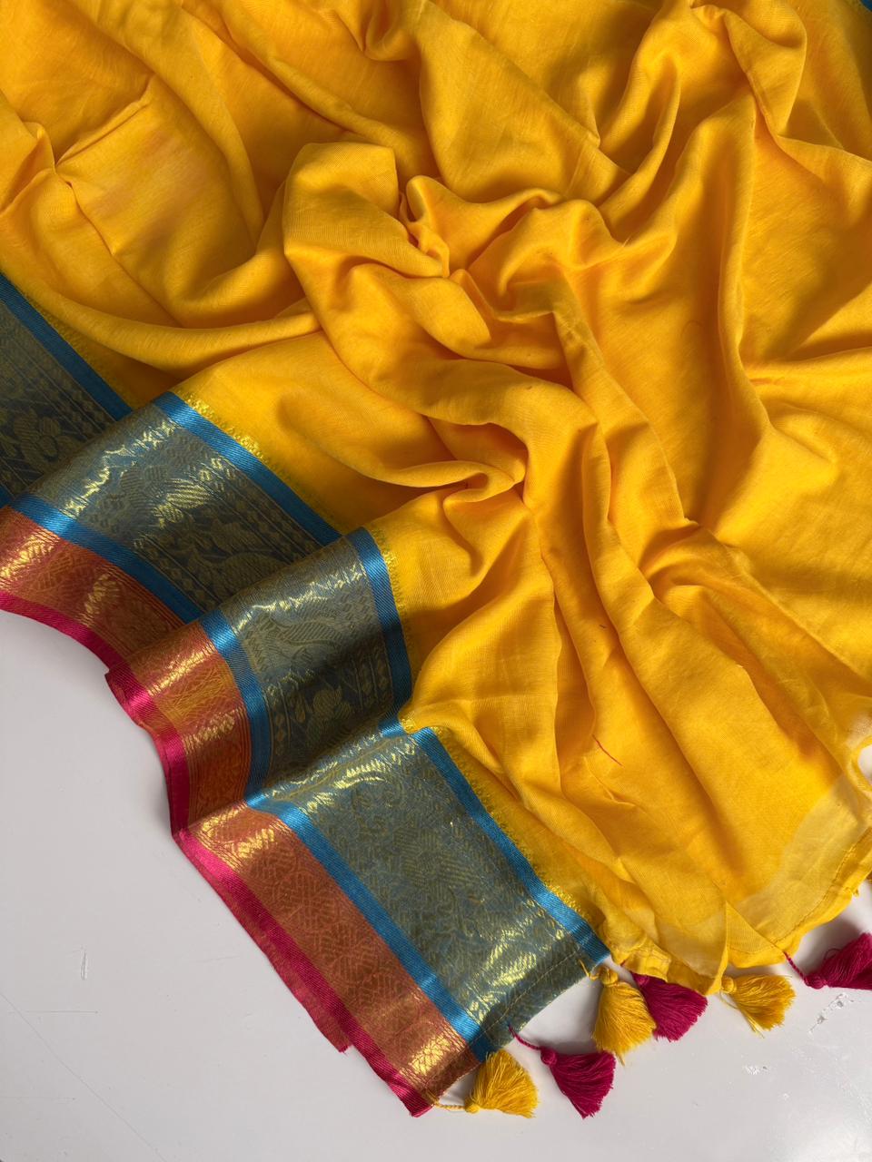 Lightweight Yellow Mulmul Cotton Saree Breathable Summer Style