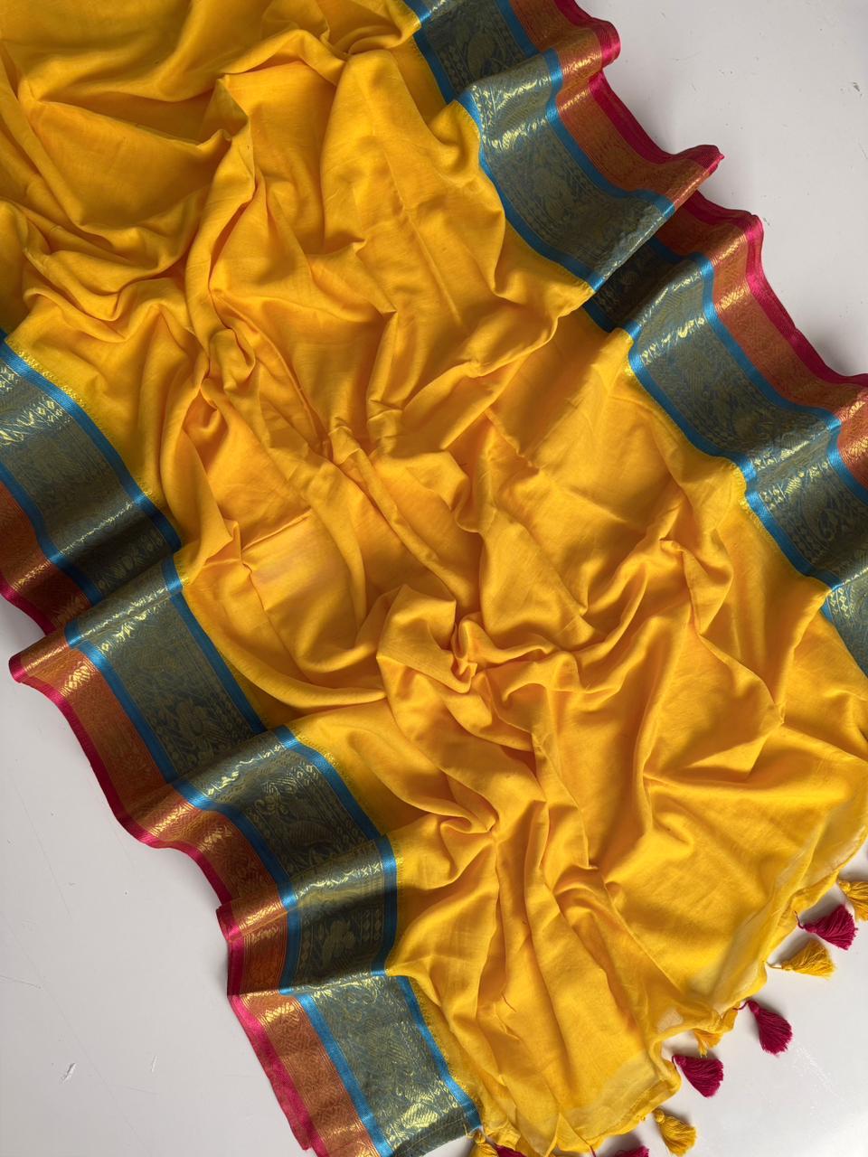 Lightweight Yellow Mulmul Cotton Saree Breathable Summer Style
