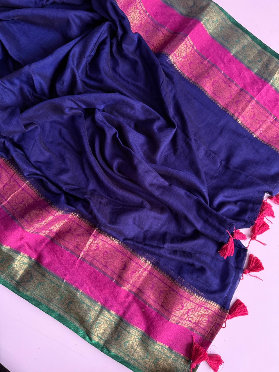Stylish Blue Mulmul Cotton Saree Soft Texture Outfit