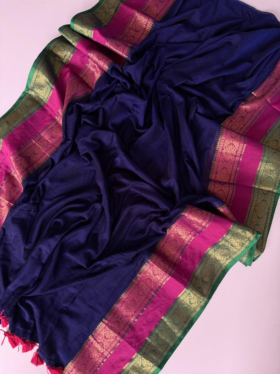 Stylish Blue Mulmul Cotton Saree Soft Texture Outfit