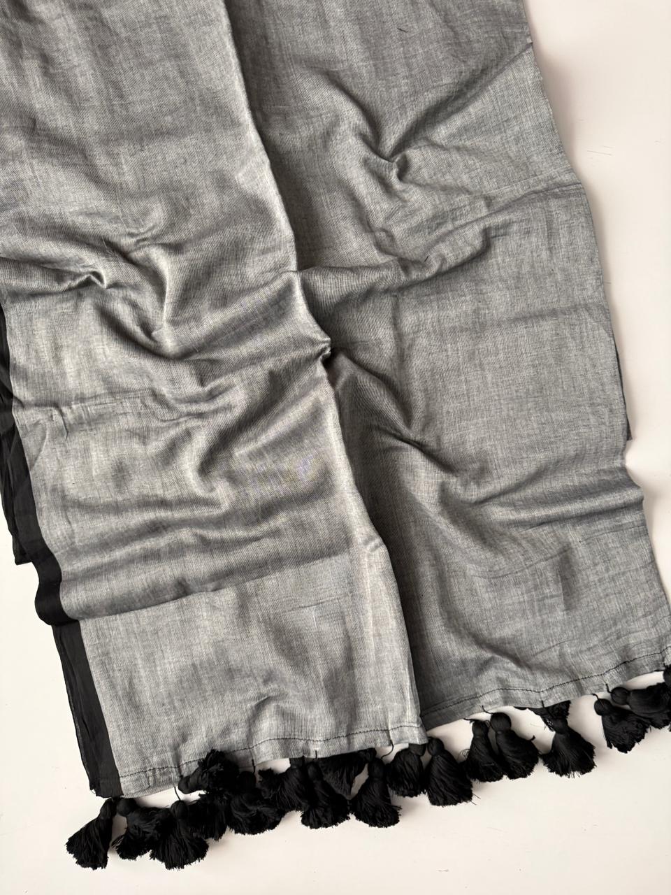 Soft Grey Mulmul Cotton Saree Daily Wear Collection