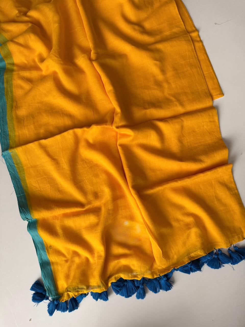 Stylish Yellow Mulmul Cotton Saree Soft Casual Wear